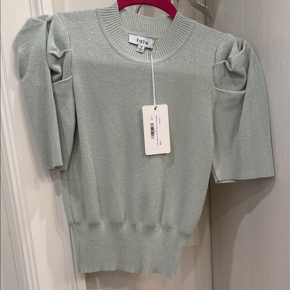 Fate Women's Shimmering Mint Puff Sleeve Blouse